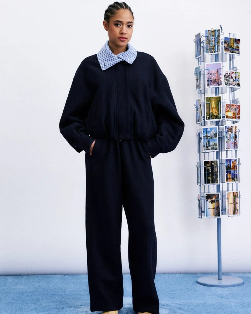 FRNCH Maritsa Bomber Jacket in navy blue elasticated hem detail