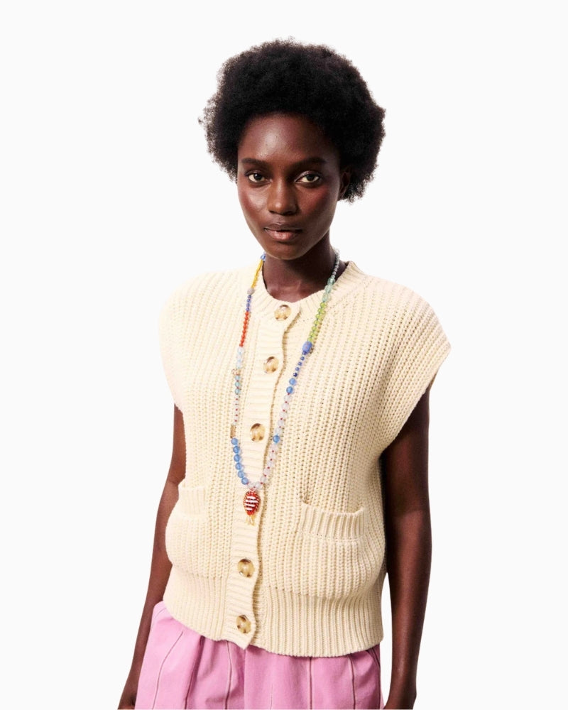FRNCH Natalie Cardigan cream sleeveless knit front view