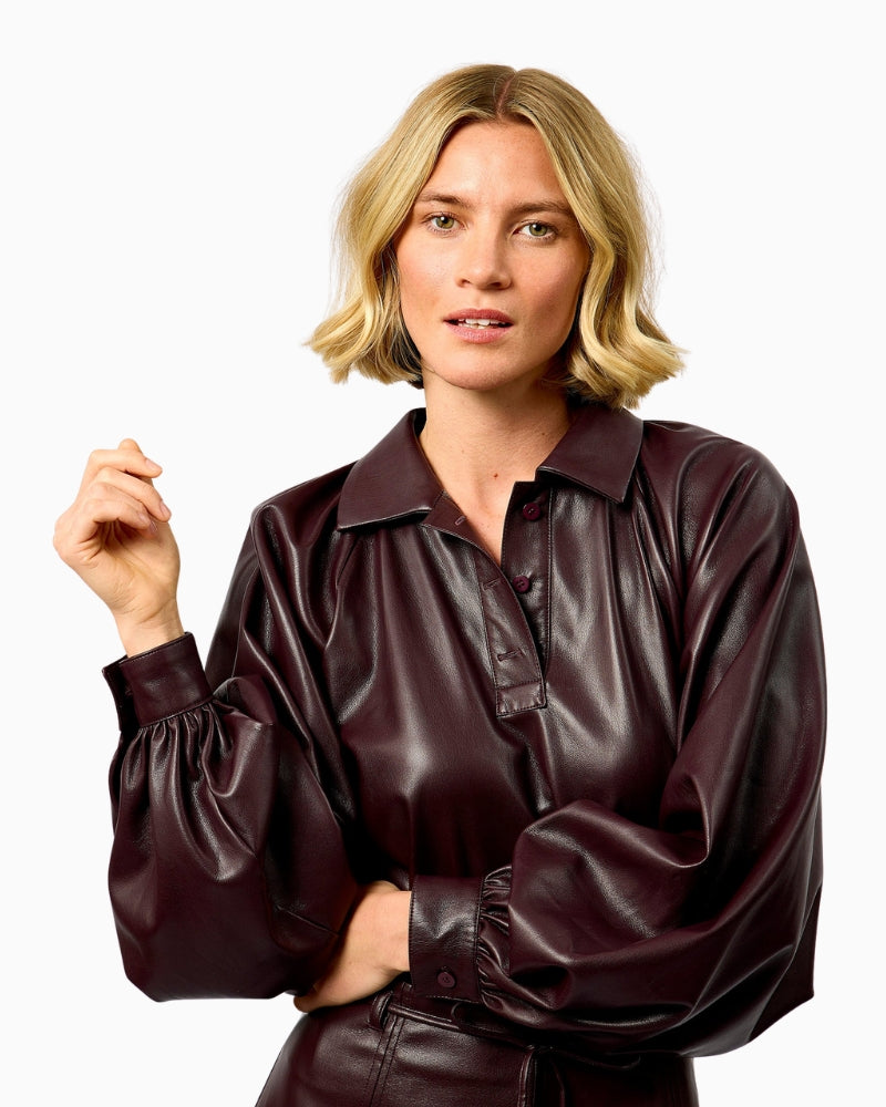FRNCH Seorak Faux Leather Shirt in brown front view
