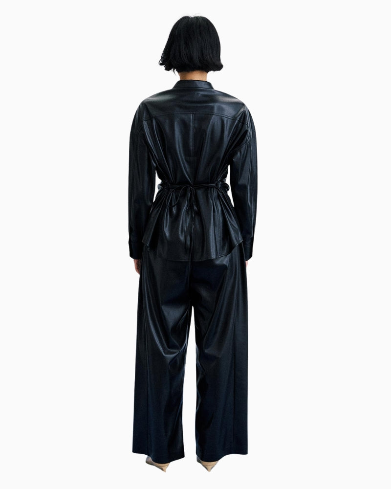 FRNCH Takayama Faux Leather Shirt in black back view