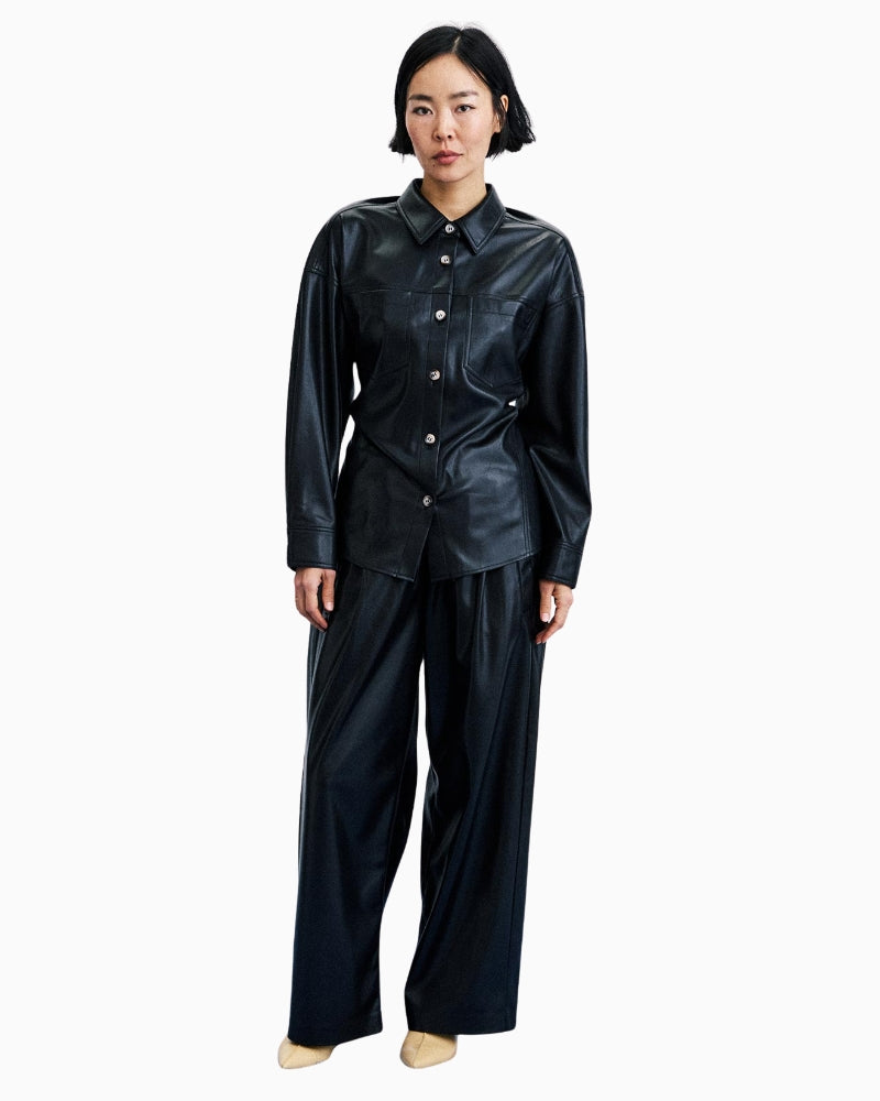 FRNCH Takayama Faux Leather Shirt in black collar and button detail
