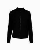 Front view of Faber black turtleneck sweater with sequin ribbon and slim fit