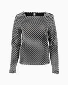 Front view of Faber long sleeve top with square neckline and black/cream colour mix