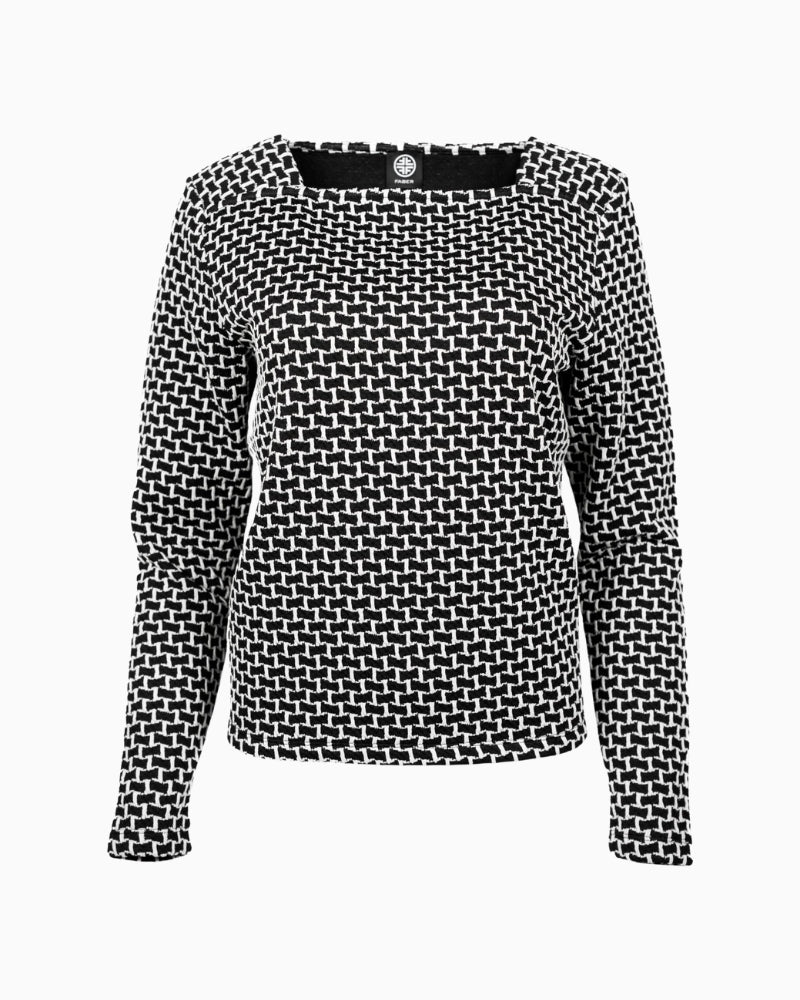 Front view of Faber long sleeve top with square neckline and black/cream colour mix