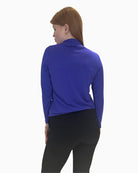 Back view of Faber purple stand collar top with straight hemline