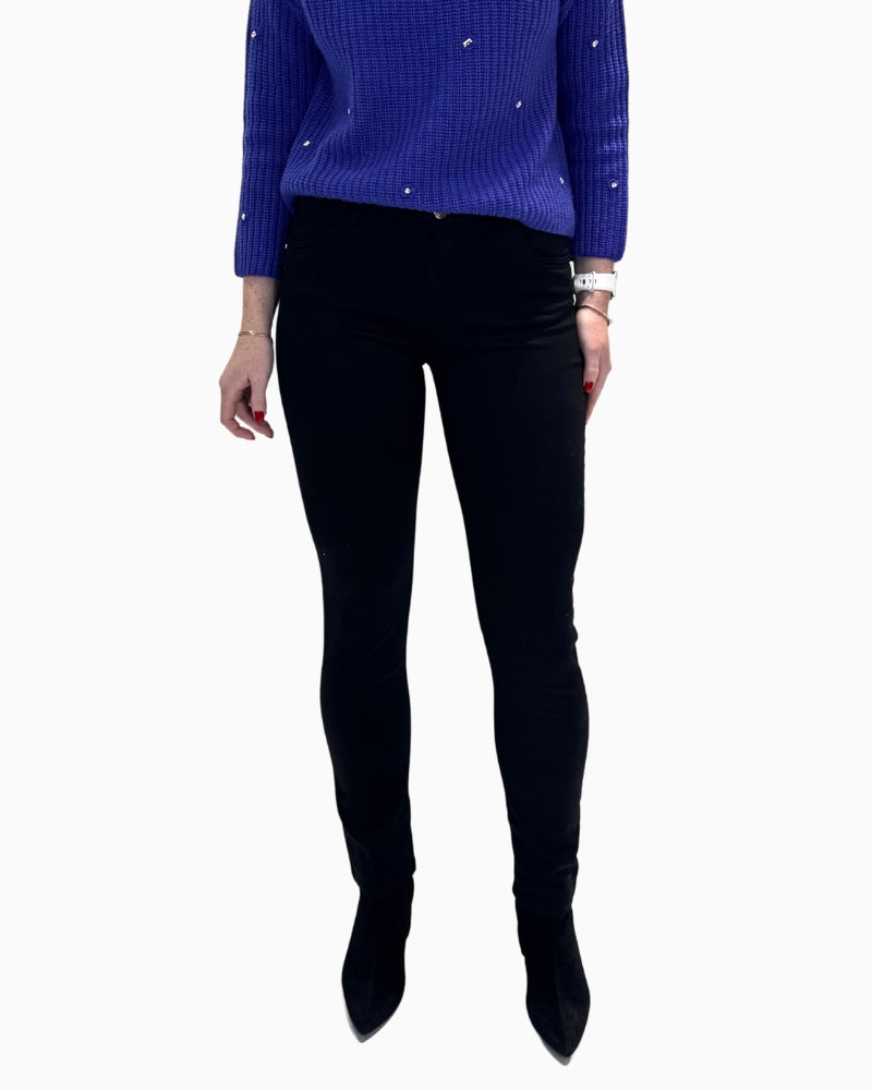Front view of Faber skinny leg trousers in navy with slim fit and slip pockets
