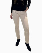Front view of Faber cream skinny trousers with slim leg fit