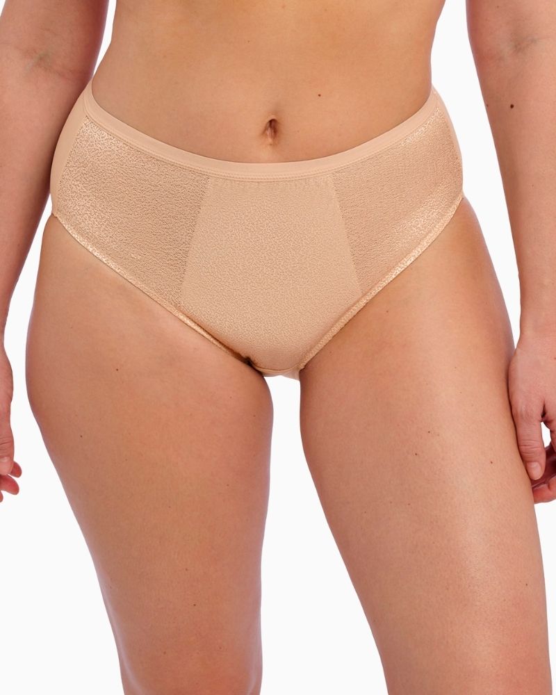 Front view of Fantasie beige full coverage brief showing soft fabric and lace