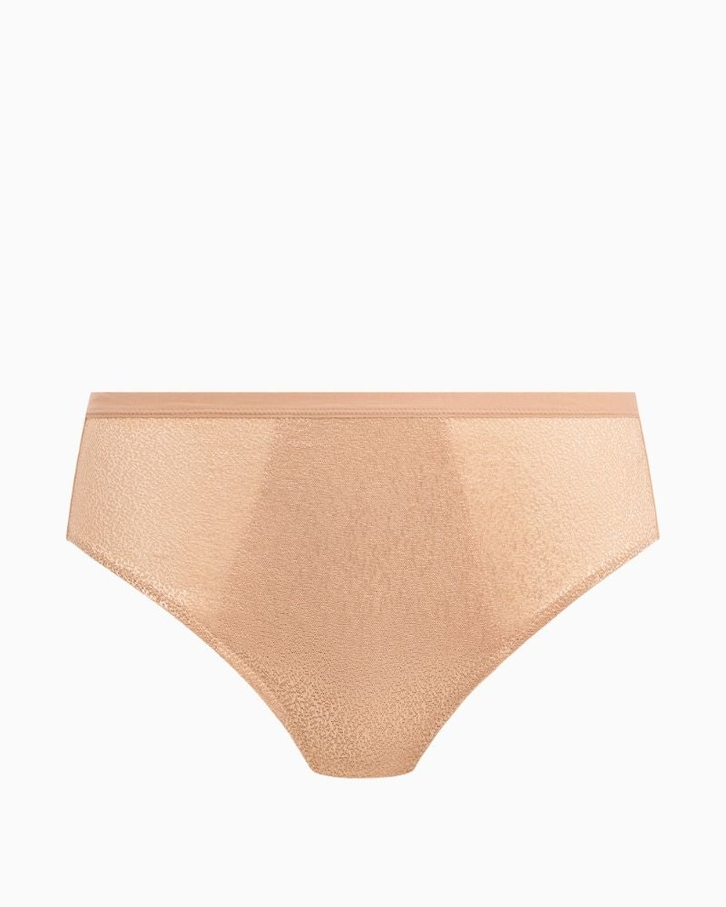 Front view of Fantasie beige full coverage brief showing soft fabric and lace
