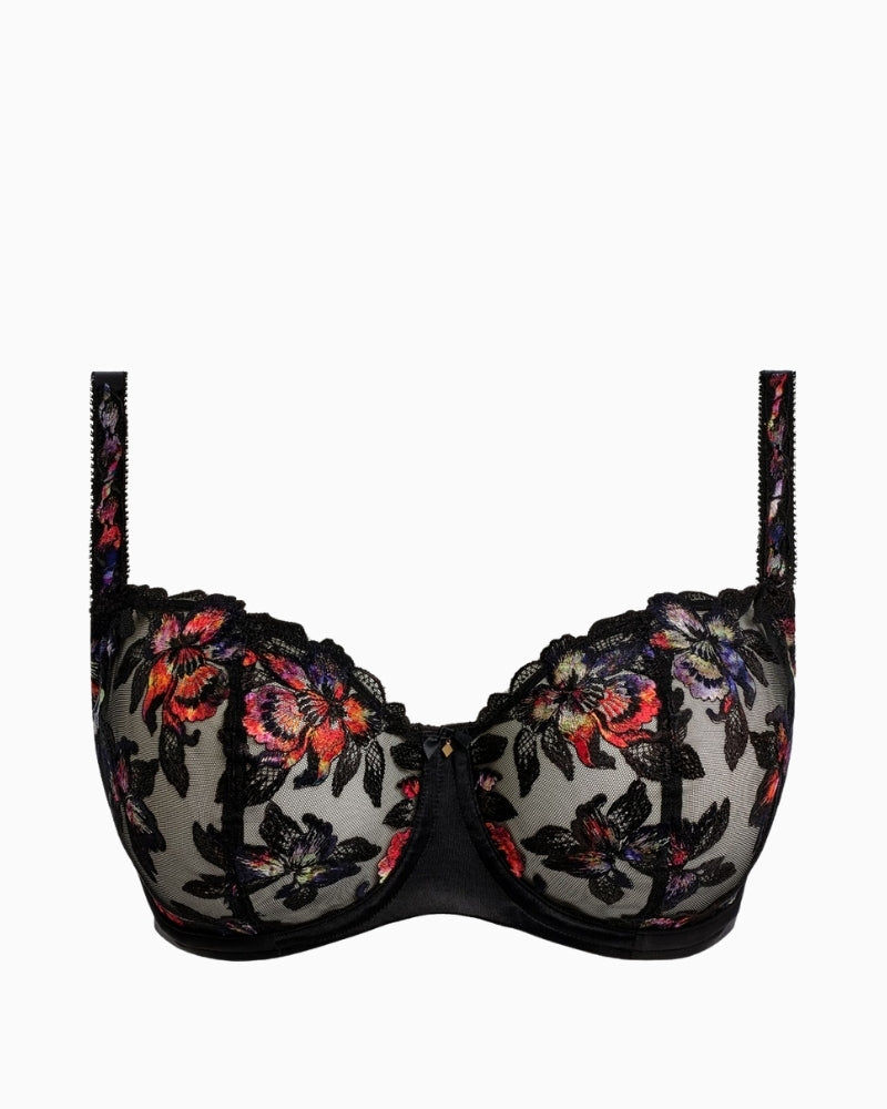 Front view of Magdalena Noir bra showing uplifted cup shape and embroidery