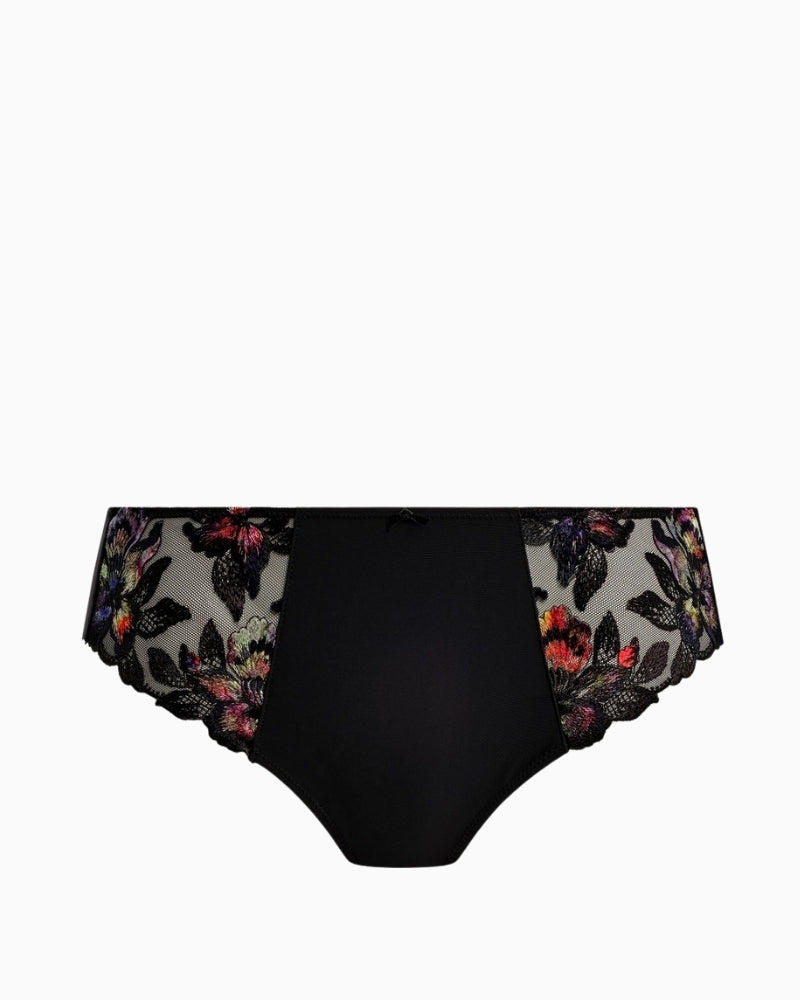 Front view of Magdalena Noir brief showing embroidery in sunset hues