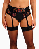 Fantasie Magdalena suspender in black with floral embroidery and bow detail