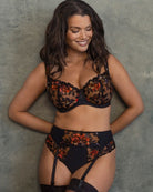 Close-up of floral embroidery on front panels of Fantasie Magdalena suspender