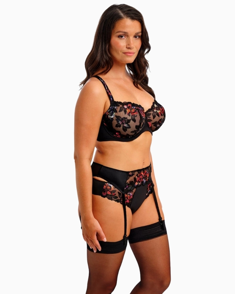 Side view of Fantasie Magdalena suspender in black with tonal embroidery