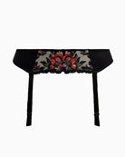 Front view of embroidered Noir suspender with adjustable straps