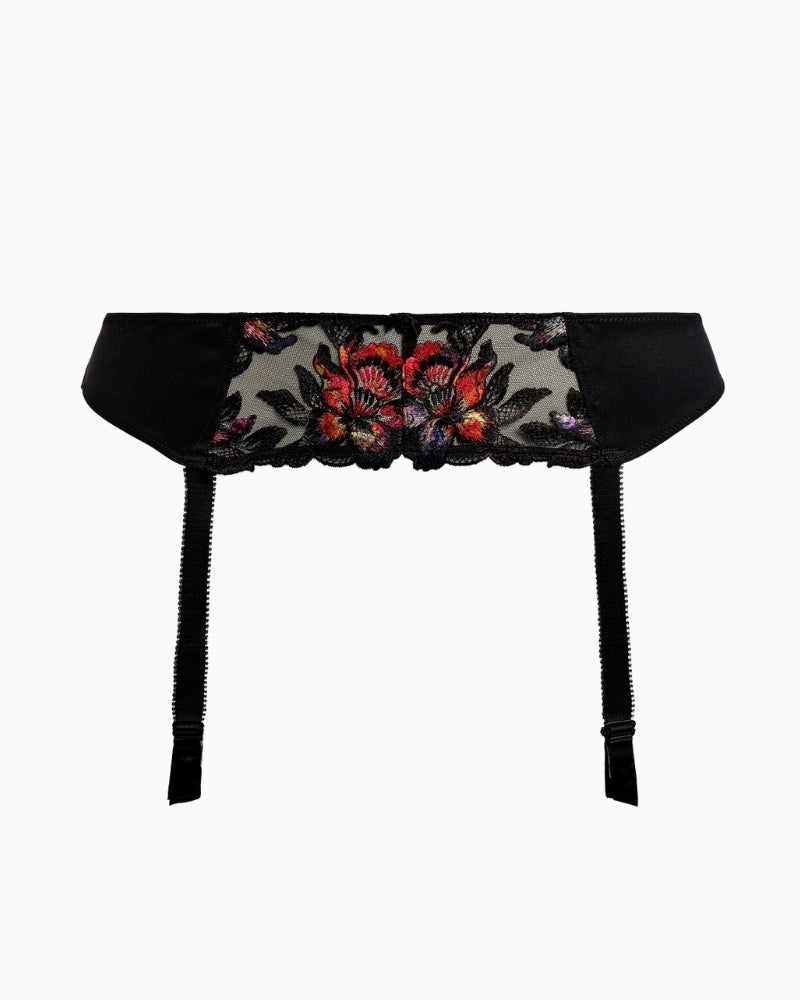 Front view of embroidered Noir suspender with adjustable straps