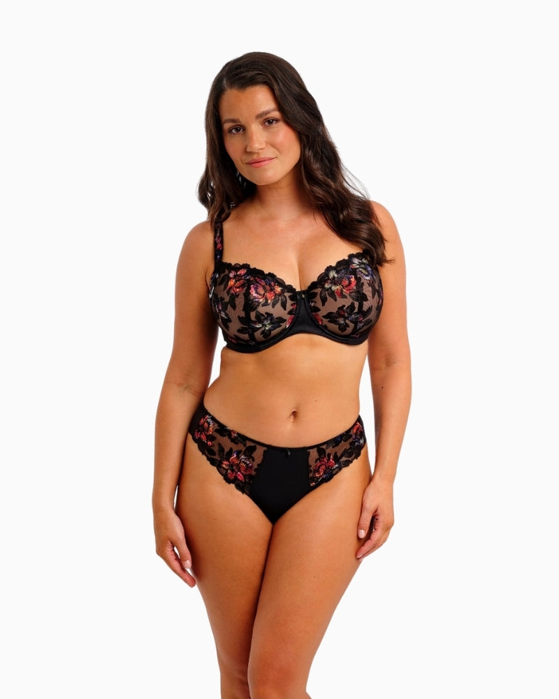 Front view of Magdalena Noir thong showing embroidery in sunset tones