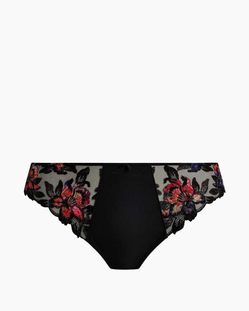 Front view of Magdalena Noir thong showing embroidery in sunset tones