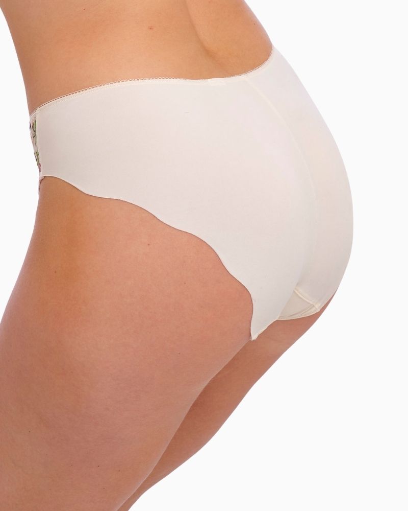 Close-up of embroidery detail and spot mesh lining on the Fantasie brief