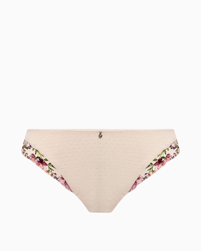 Flat lay of Marie Delicacy thong in blush pink with centre charm detail