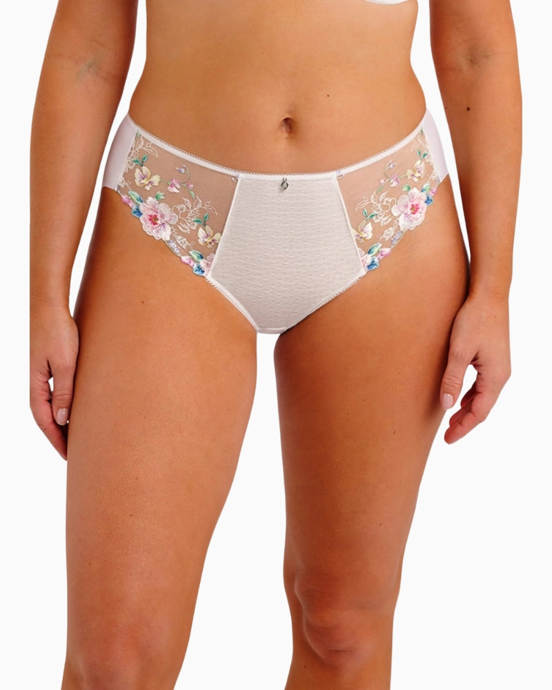 Fantasie Lillia Brief white front view with embroidery on model