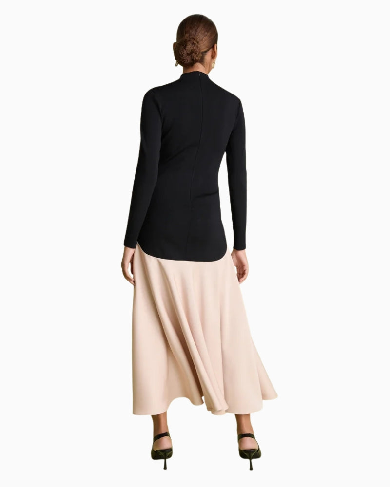 Florere Acacia Curved Seam Midi Dress in Black/Cream back view