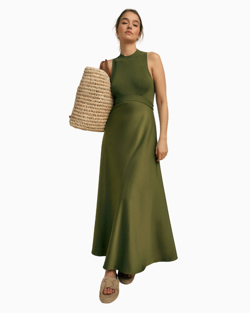 Florere Knit & Rib Satin Hybrid Midi Dress in khaki full-length view