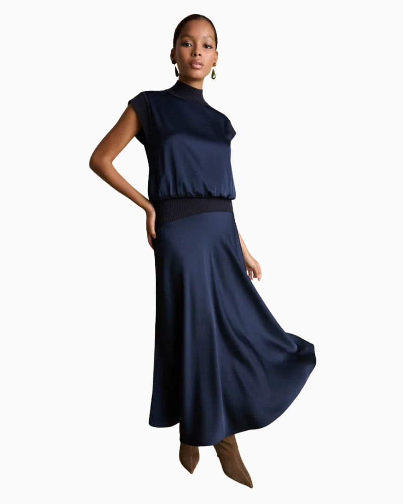 Florere Knit & Satin Midi Skirt in Navy styled with matching top