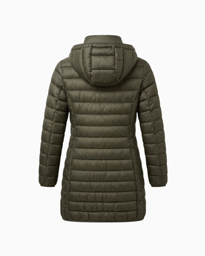 Frandsen Padded Coat in Khaki back view with hood and quilted design