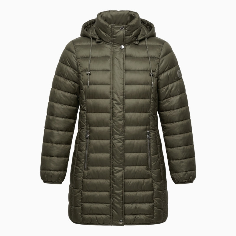 Frandsen Padded Coat in Khaki front view with hood and zipped pockets