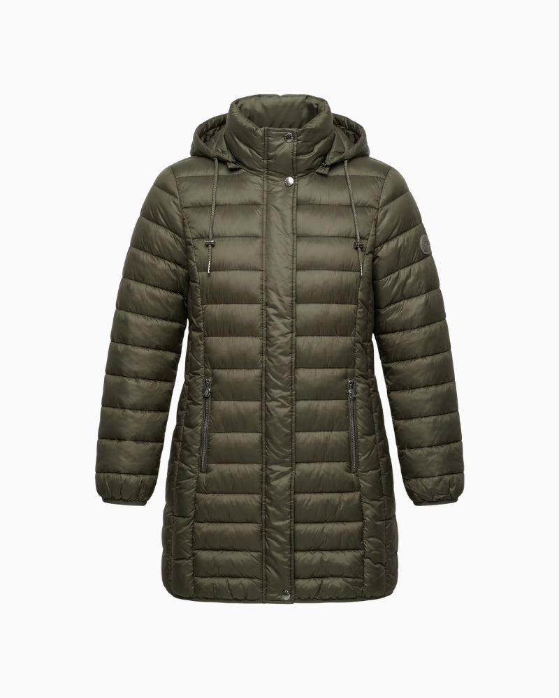 Frandsen Padded Coat in Khaki front view with hood and zipped pockets