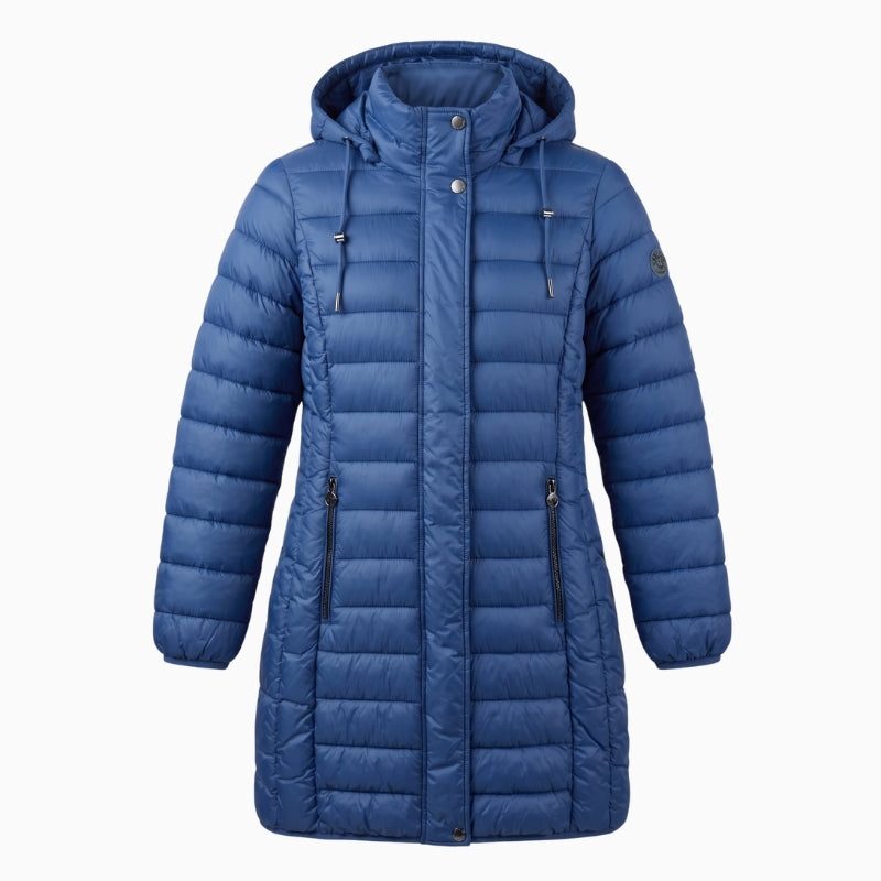 Frandsen Padded Coat in Navy front view with hood and zipped pockets