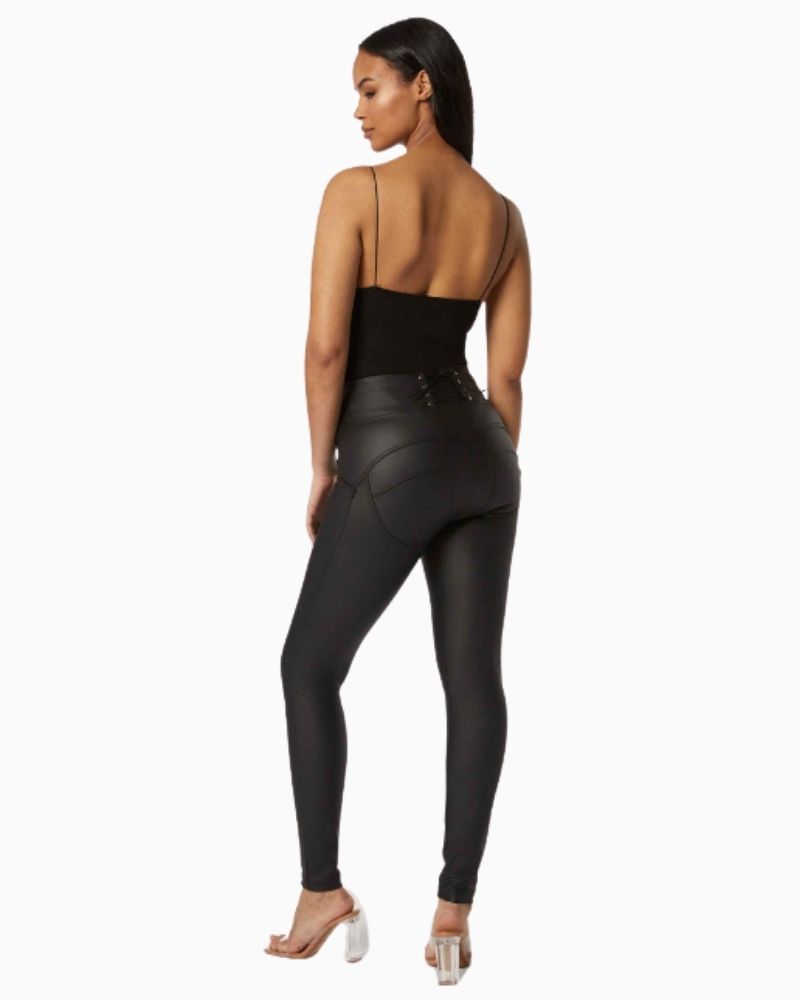 Back view of Freddy full-length high-waisted faux leather trousers