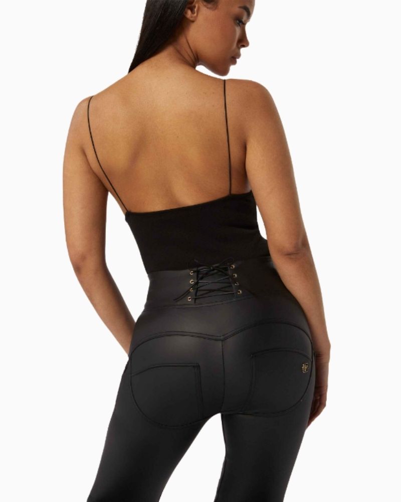Back view of Freddy full-length high-waisted faux leather trousers
