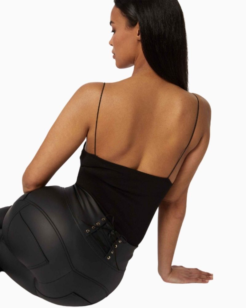 Close-up view of Freddy full-length high-waisted faux leather trousers