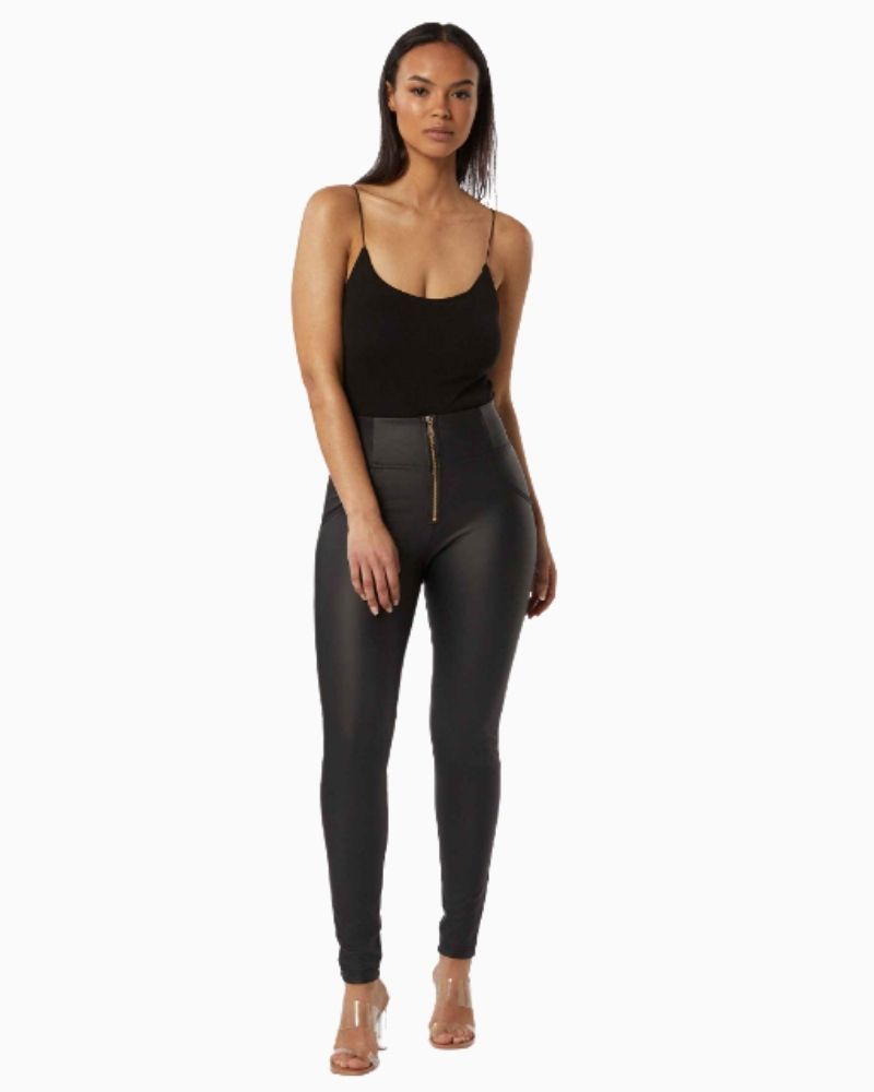 Freddy Faux Leather Lace-Up High Waist Trousers in sleek black finish