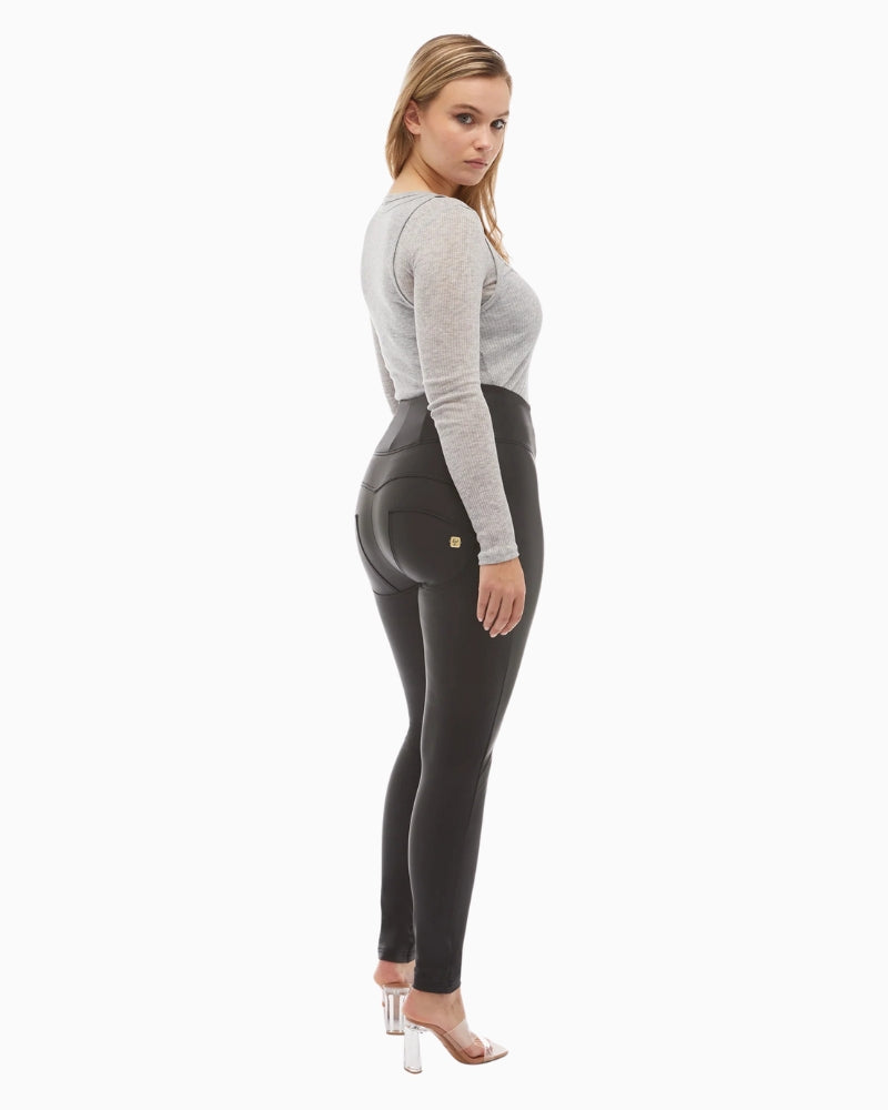 Freddy faux leather trousers in black with super high waist and full length