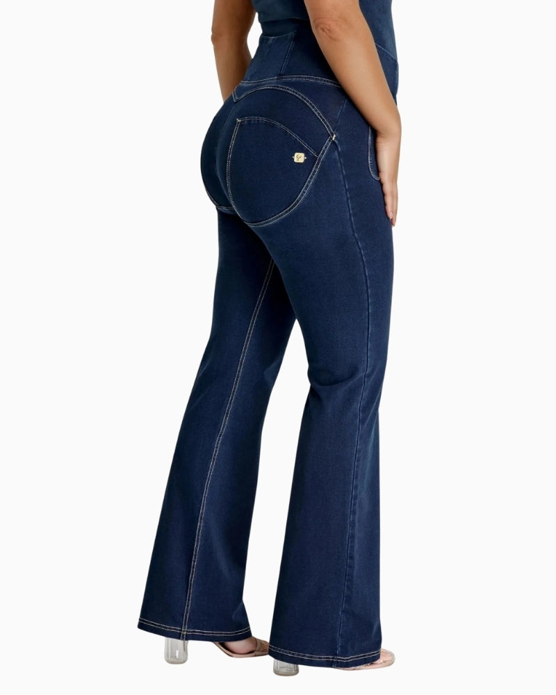 Close-up of lace-up front and soft stretch denim texture