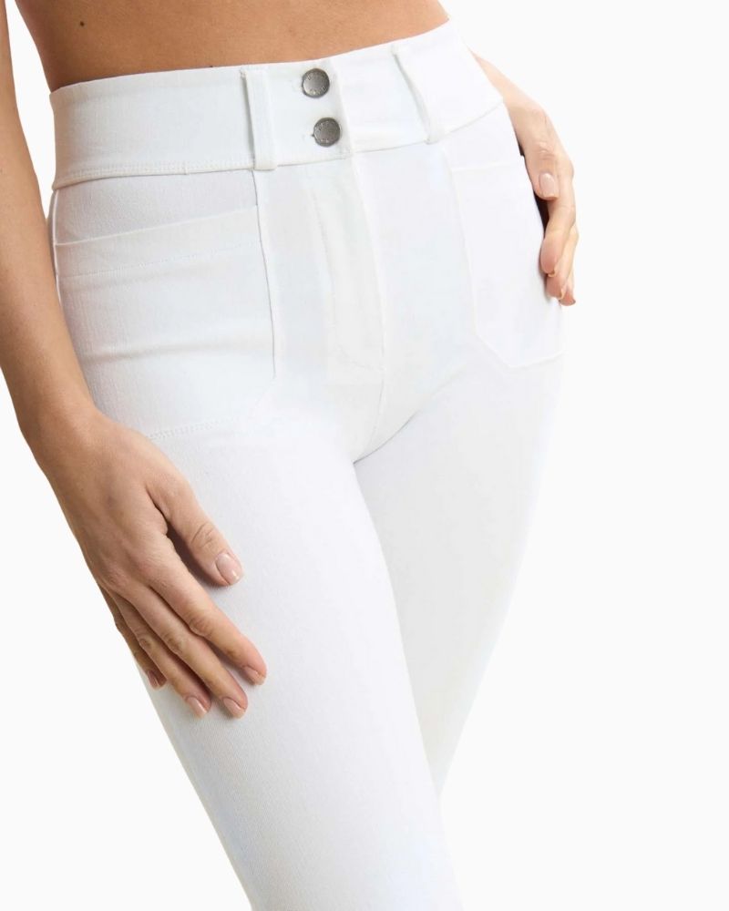 Close-up of Freddy super high-waisted white jeans showing tone-on-tone stitching