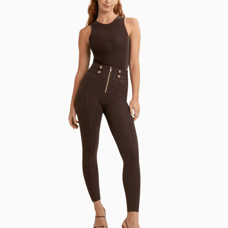 Front view of sculpting pants with military button detail and zip