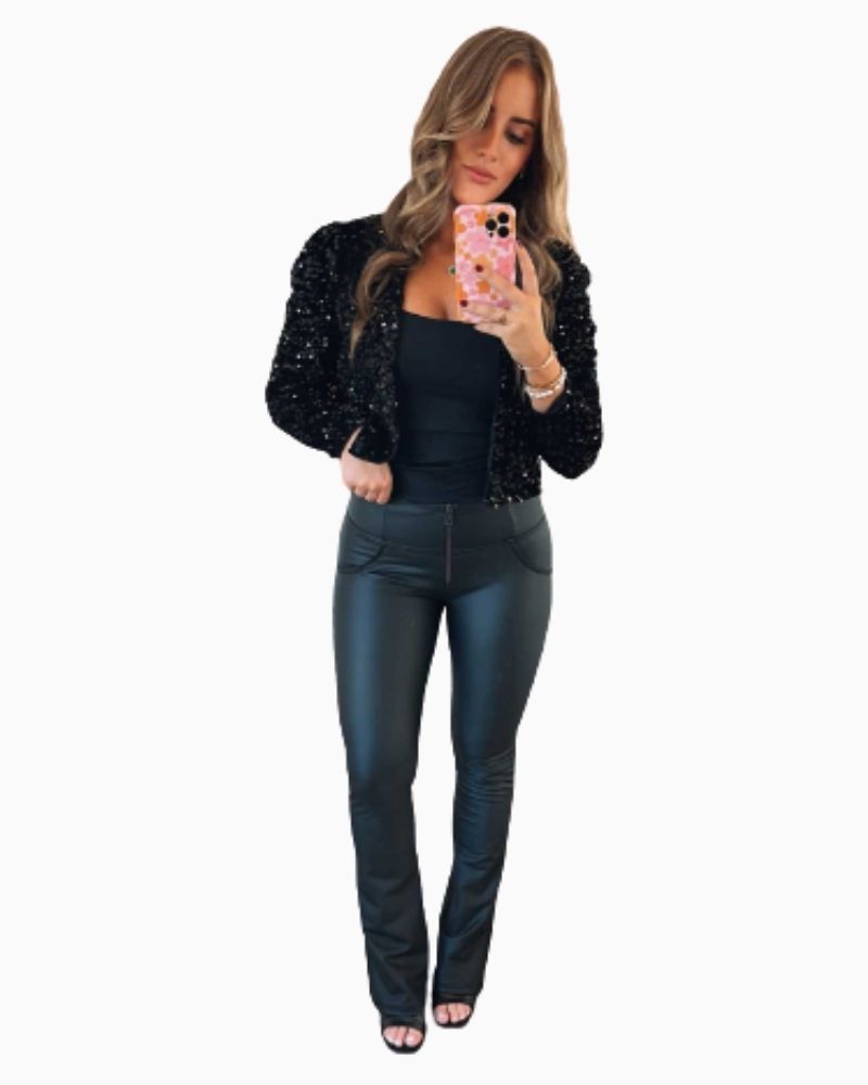 Freddy cropped faux leather trousers in black with high waist and flared leg