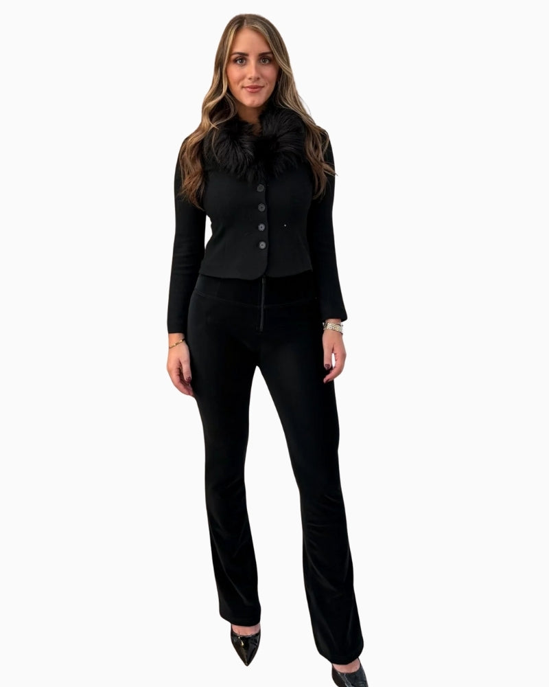 Freddy black velvet mini flare pants with high waist and front zip