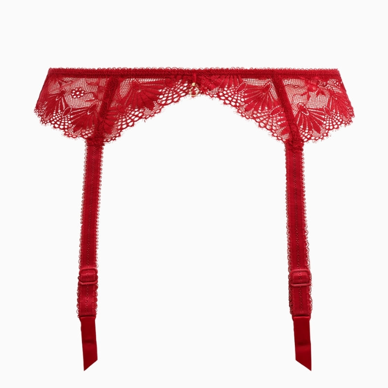 Front view of Freya cherry suspender showing lace and adjustable straps