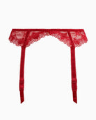 Front view of Freya cherry suspender showing lace and adjustable straps