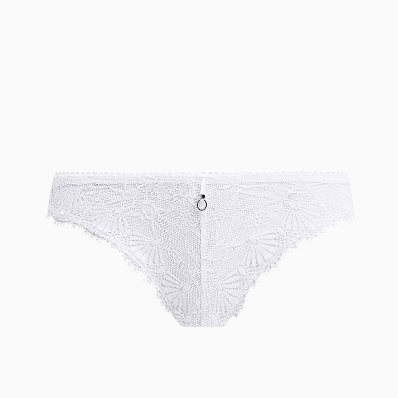 White lace thong with floral pattern and small front charm detail