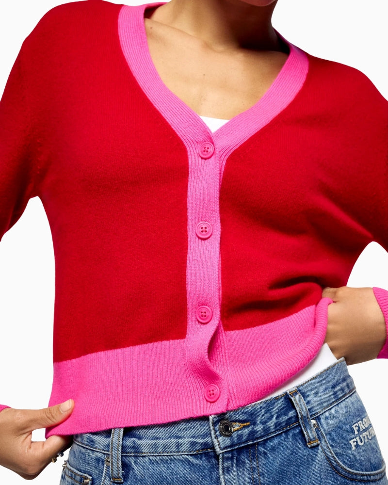 Close-up of two-tone edges on From Future hot red cashmere cardigan