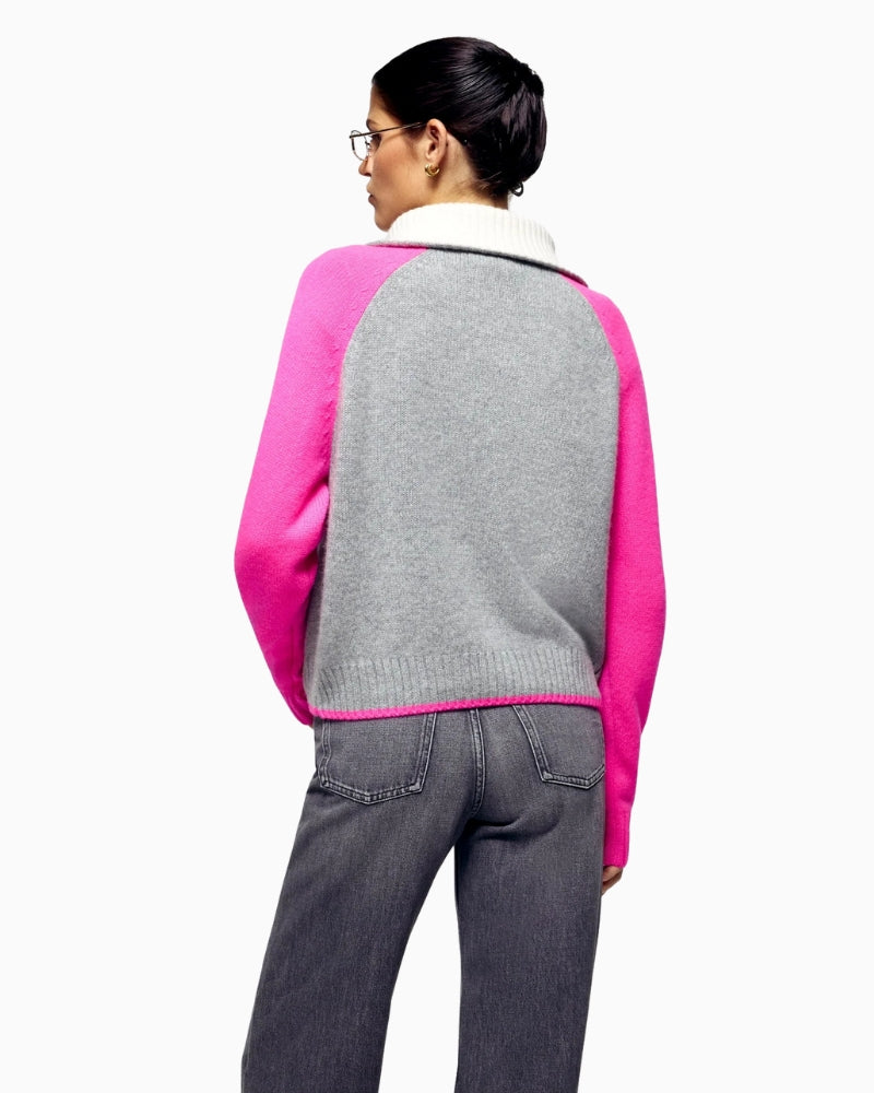 Back view of soft grey cashmere quarter zip knit showing regular fit