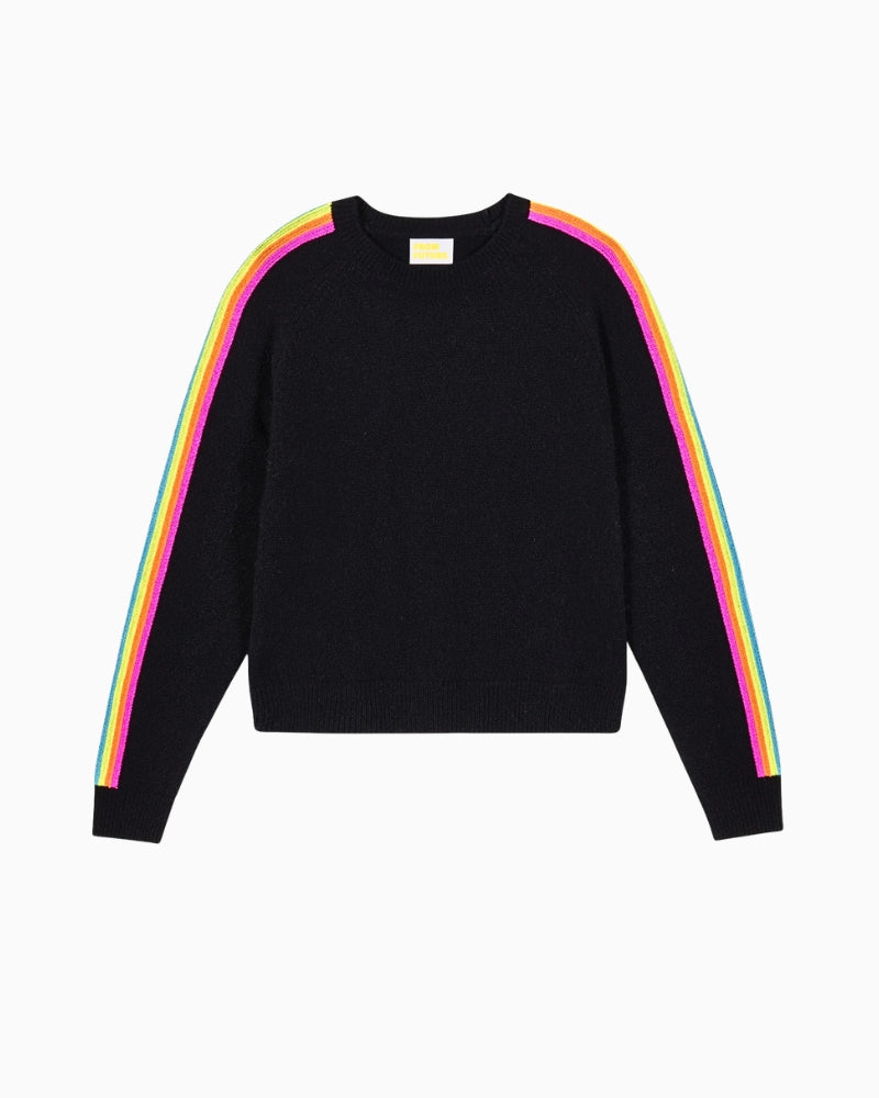 Front view of cropped black cashmere crewneck with striped sleeves