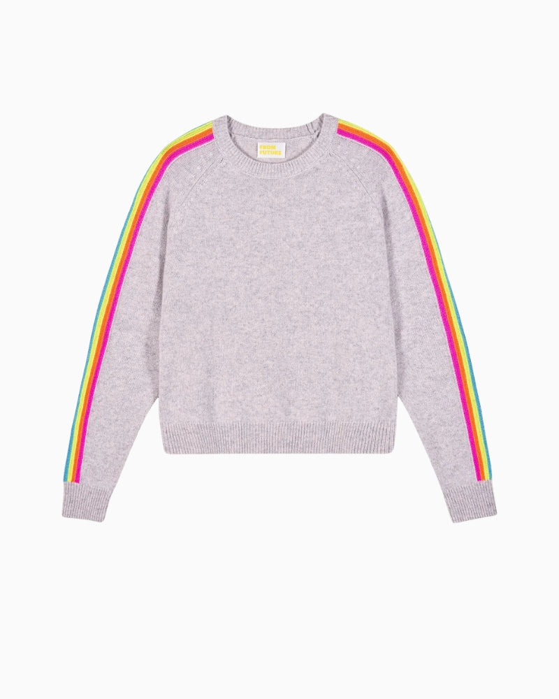 Front view of cropped cashmere crewneck with colourful accents