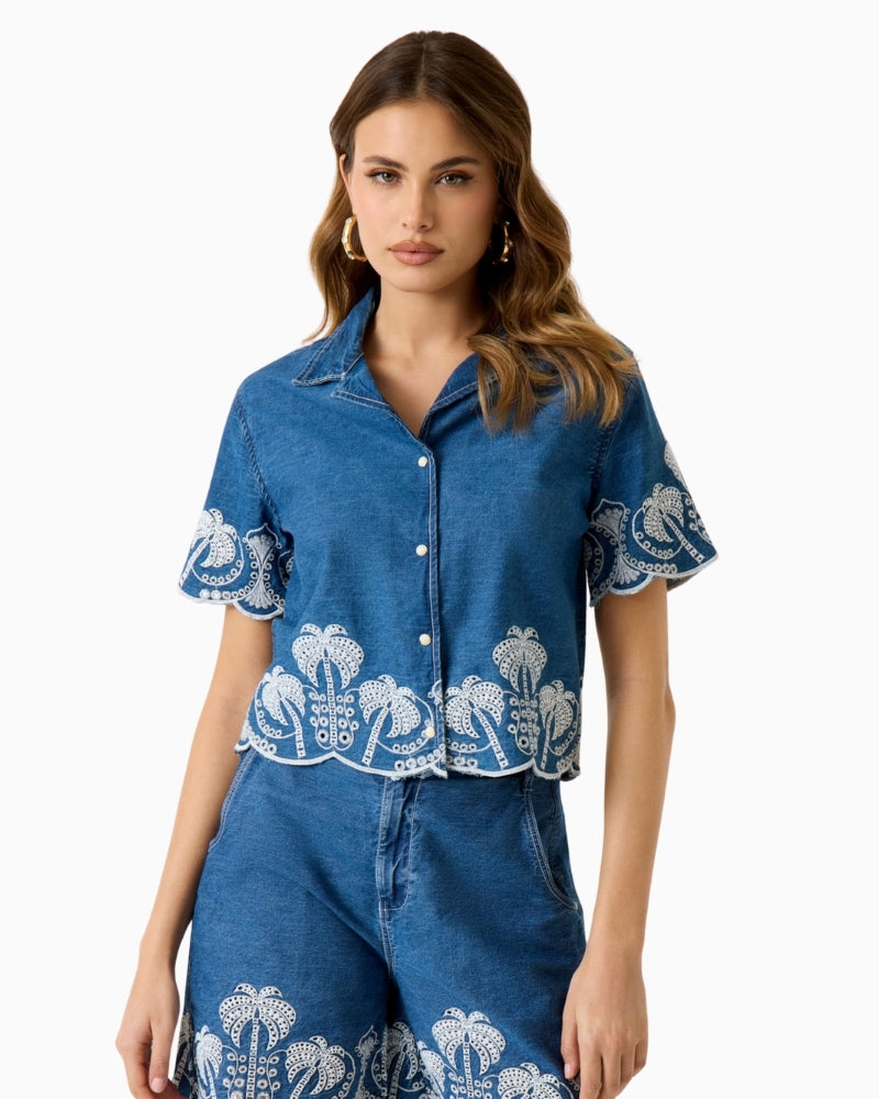 GUESS Embroidered Shirt in blue front view